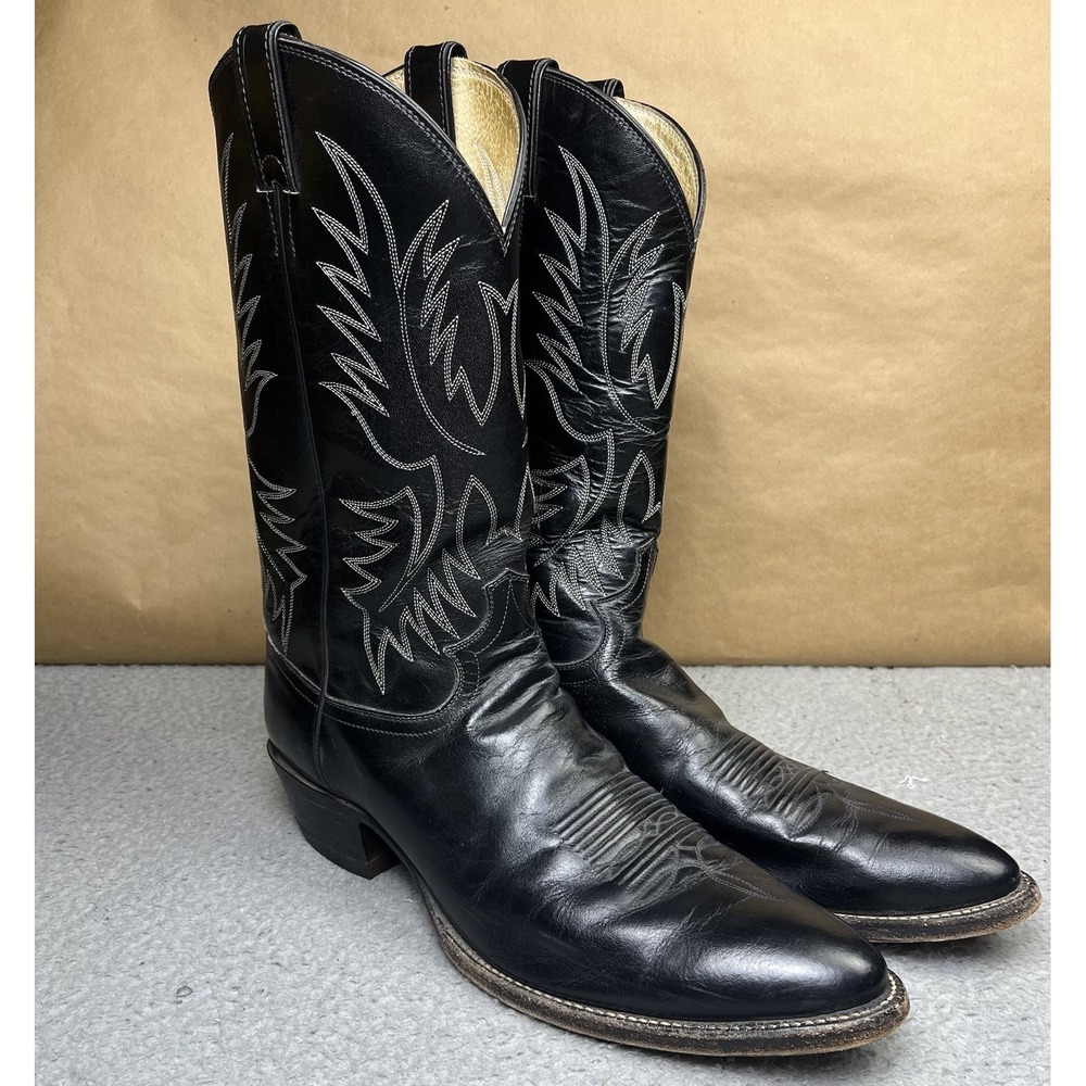 Justin Boots 2041 Mens 13 A Boot Black Leather Mid Calf Embroidered Western Boot